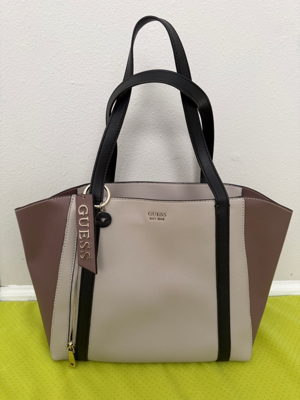 GUESS Beige, Brown and Black Colorblock Tote